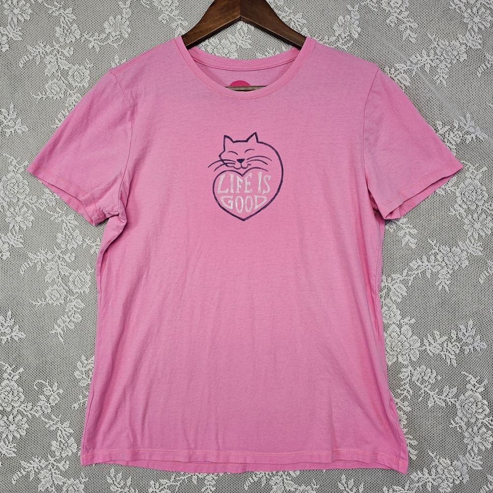Life is‎ Good Classic Fit Pink Graphic T-Shirt Women's M Cat Mom Crazy Cat Lady